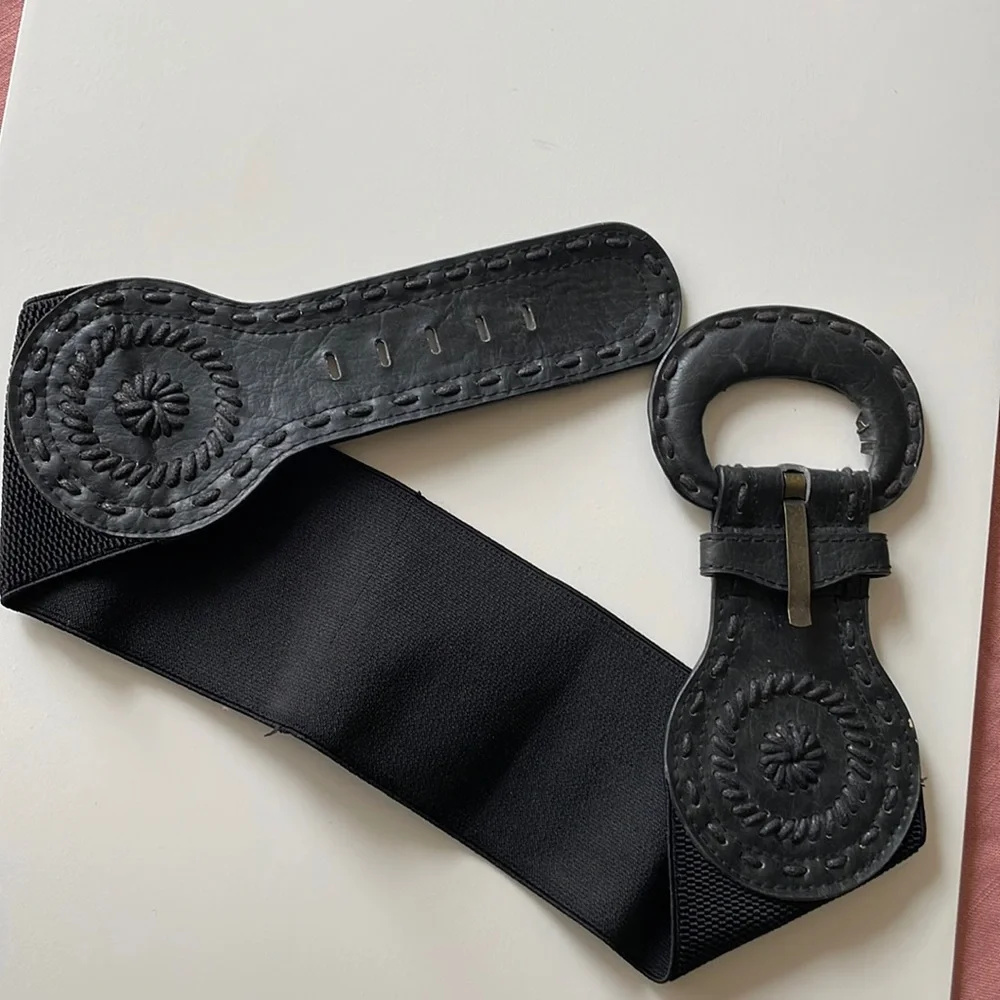 90s style big belt stretchy with leather front - Picture 1 of 5
